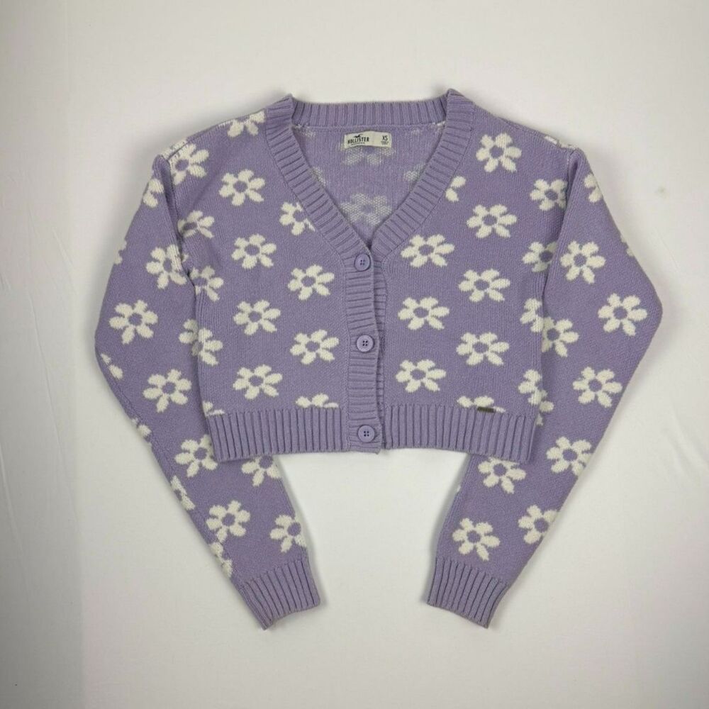 Hollister Purple Floral Knit Cropped Cardigan - XS
